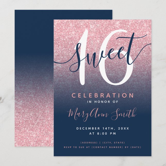 Rose Gold Navy Glitter Ombre 16th Birthday  Invitation (Front/Back)