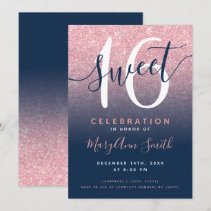 Rose Gold Navy Glitter Ombre 16th Birthday Invitation