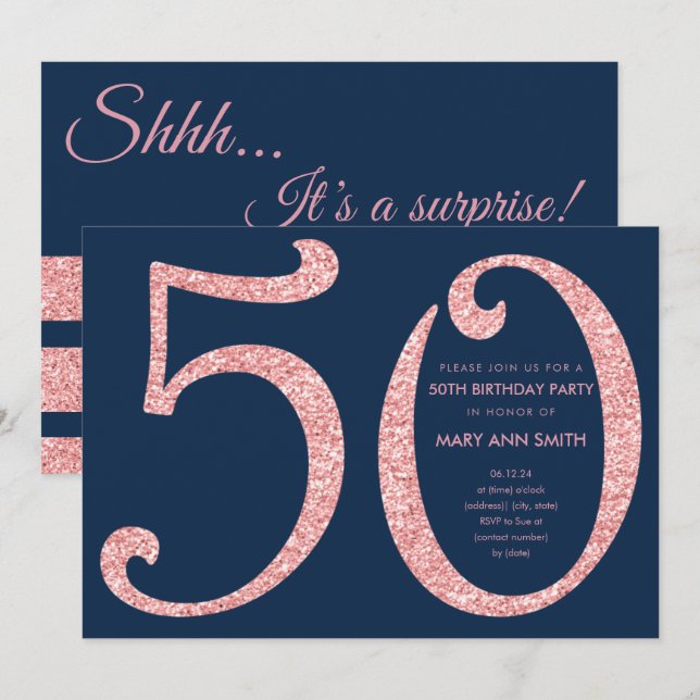 Rose Gold Navy Glitter Surprise 50th Birthday Invitation (Front/Back)