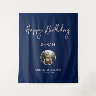 Rose gold & Navy Happy Birthday Photo Backdrop Tapestry