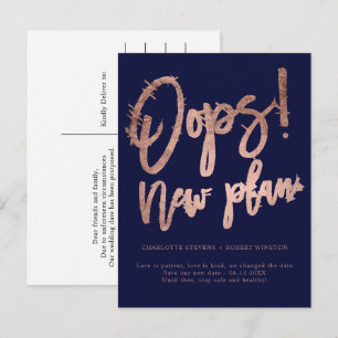 Rose gold navy new plan wedding change the date announcement postcard
