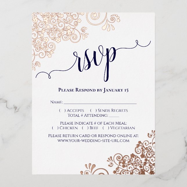 Rose Gold & Navy on White Elegant Wedding RSVP Foil Invitation Postcard (Front)
