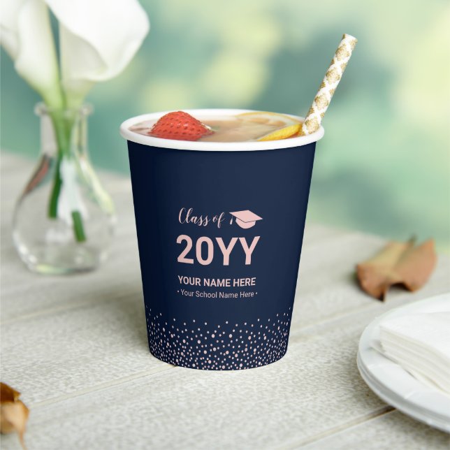 Rose Gold & Navy Personalized Graduation Party Paper Cups (Insitu)