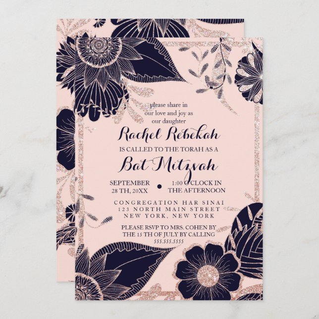 Rose Gold Navy Pink Floral Glitter Bat Mitzvah Invitation (Front/Back)