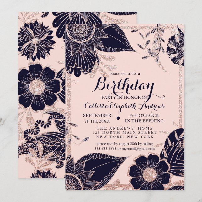 Rose Gold Navy Pink Floral Glitter Border Birthday Invitation (Front/Back)