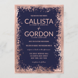 Rose Gold Navy Splatter Glitter Border Wedding Invitation