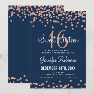 Rose Gold Navy Sweet 16 Birthday Glitter Confetti Invitation