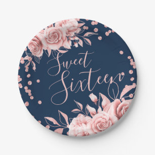 Rose Gold Navy Sweet 16 Glitter Confetti Floral Paper Plate
