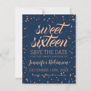 Rose Gold Navy Sweet 16 Save Date Confetti Save The Date