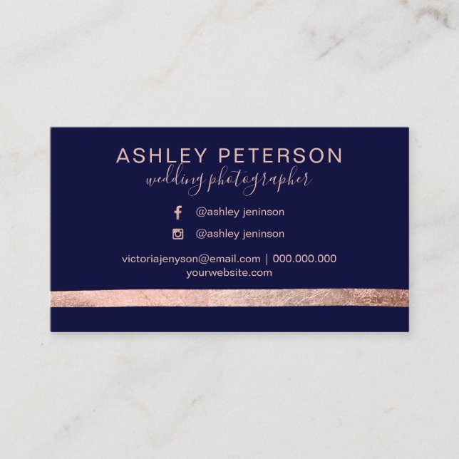 Rose gold navy wedding photographer typography business card (Front)