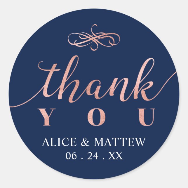 Rose Gold & Navy |  Wedding Thank you, Favour Classic Round Sticker (Front)