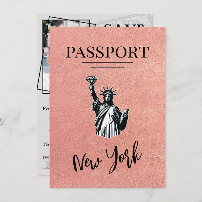Rose Gold New York City Passport Save The Date (Front/Back)