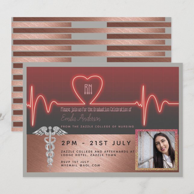 Rose Gold Nurse Graduation Invitation - PHOTO RN (Front/Back)