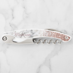 Rose Gold Ombre Glitter Marble Stone Monogram Corkscrew