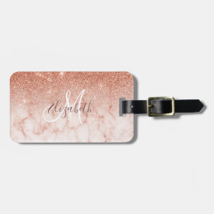 Rose Gold Ombre Marble Glitter Monogram Luggage Tag