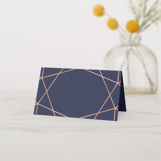 Rose Gold on Blue Geometric Wedding Place Cards (Front)