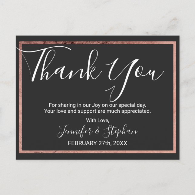 Rose Gold Outline Border Black Wedding Thank You Postcard (Front)