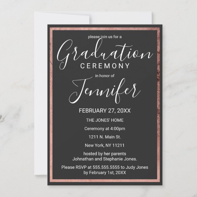 Rose Gold Outline Border Simple Black Graduation Invitation (Front)