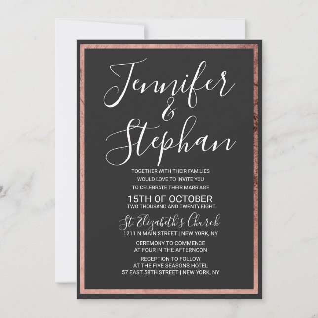 Rose Gold Outline Border Simple Black Wedding Invitation (Front)