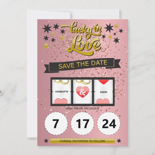 Rose Gold Pailleté Chanceux en Amour Save the Date (Devant)