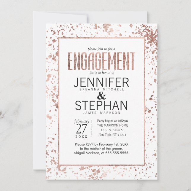 Rose Gold Paint Splatters Engagement Invitations (Devant)