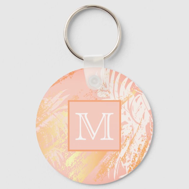 Rose gold palm foliage leaves monogram keychain (Front)