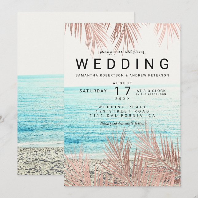 Rose gold palm tree elegant beach photo wedding invitation (Front/Back)