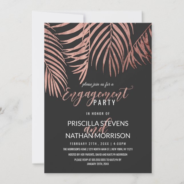 Rose Gold Palm Tree Fronds Black Modern Engagement Invitation (Front)