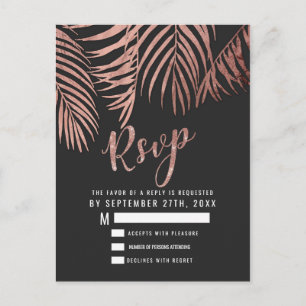 Rose Gold Palm Tree Fronds Black Modern RSVP Postcard