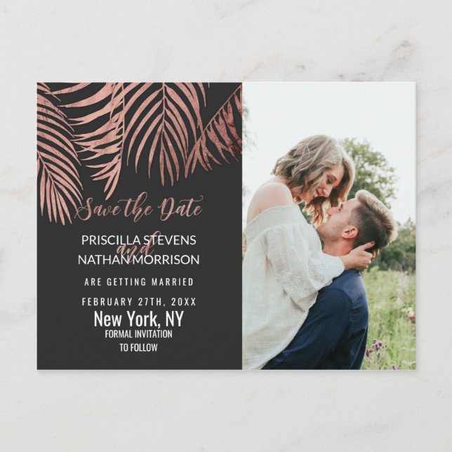 Rose Gold Palm Tree Fronds Black Modern Save Date Postcard (Front)