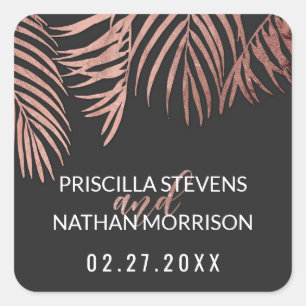 Rose Gold Palm Tree Fronds Black Modern Wedding Square Sticker