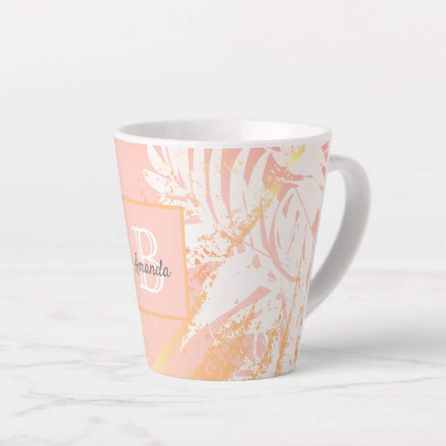 Rose gold palm tree leaves monogram latte mug (Right Angle)