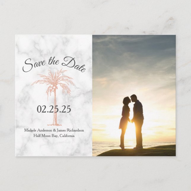 Rose Gold Palm Tree Marble Wedding Save Date Photo Announcement Postcard (Front)