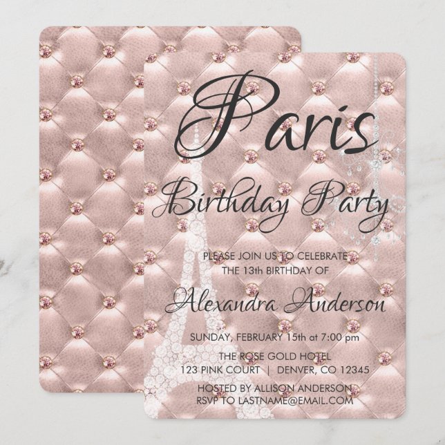 Rose Gold Paris Blush Pink Birthday Party Invitation (Front/Back)