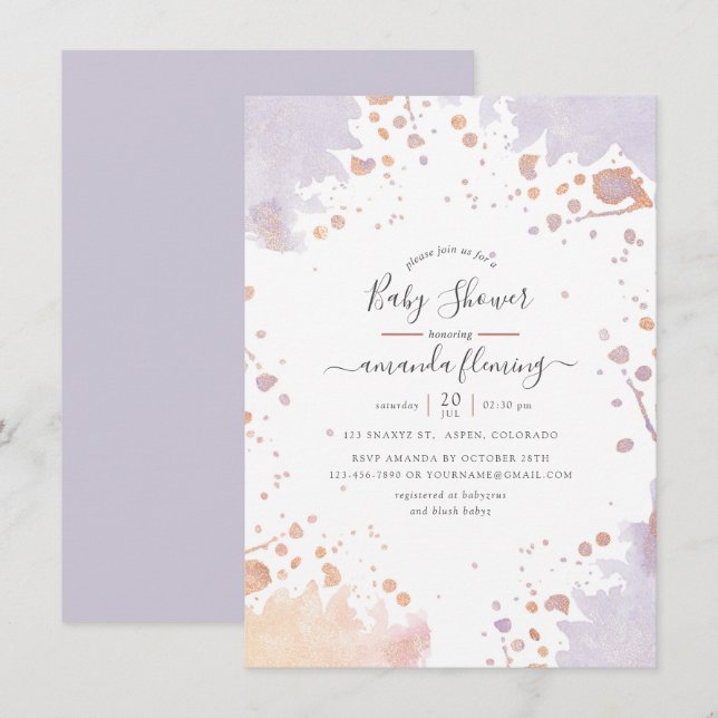 Rose Gold & Pastel Purple Paint Splash Baby Shower Invitation (Front/Back)