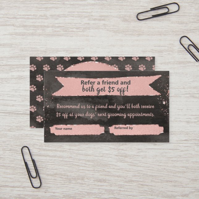 Rose Gold Paw Print Referral Card for Dog Groomers (Front/Back In Situ)