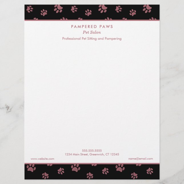 Rose Gold Paw Prints Professional Pet Salon Letterhead (Front)