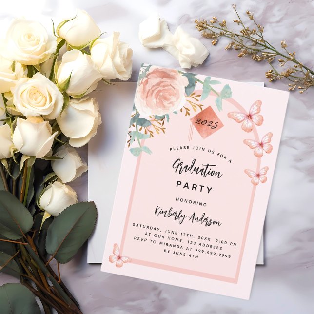 Rose gold peach floral arch Graduation Party Invitation (Creator Uploaded)