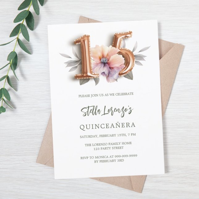 Rose gold peach floral green Quinceanera Invitation (Creator Uploaded)