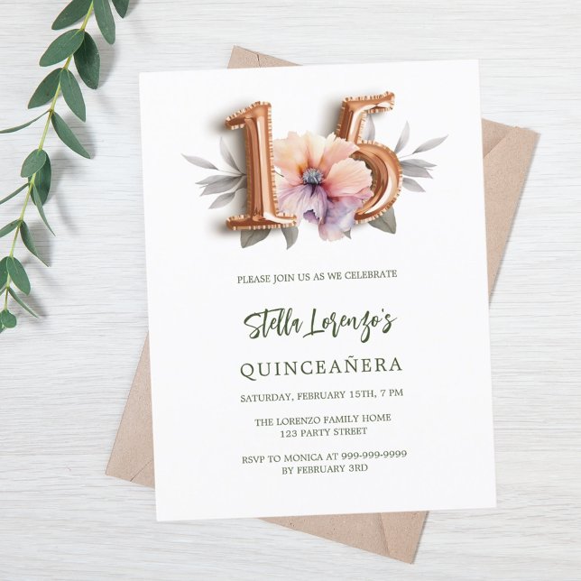 Rose gold peach floral green Quinceanera Invitation Postcard (Creator Uploaded)
