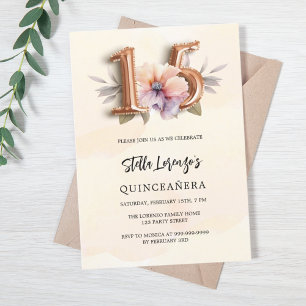 Rose gold peach floral Quinceanera Invitation