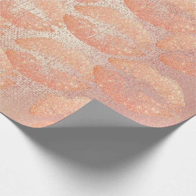 Rose Gold Peach Glitter Kiss Lips Makeup Metallic Wrapping Paper (Corner)