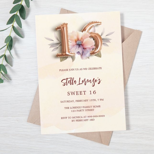 Rose gold peach watercolored floral Sweet 16 Invitation (Creator Uploaded)