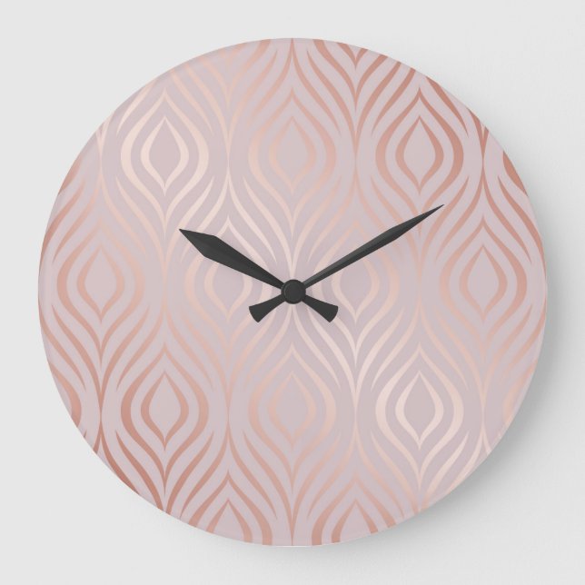Rose gold peacock feathers, vintage large clock (Front)