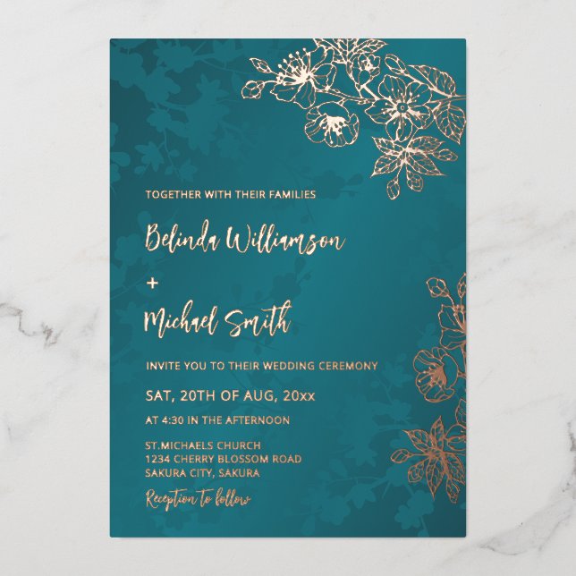Rose Gold Peacock Green Floral Wedding (Front)