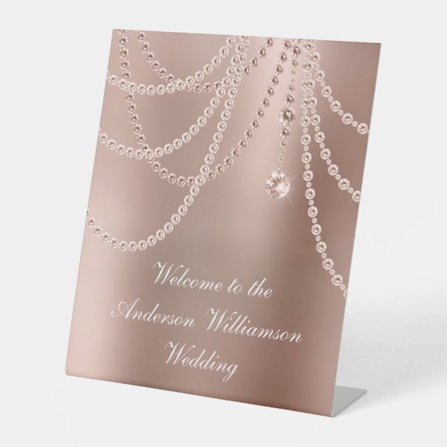 Rose Gold Pearls Diamonds Wedding Welcome Pedestal Sign (Front)