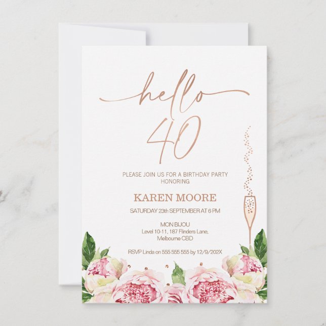 Rose Gold Peonies 40e anniversaire Invitation (Devant)