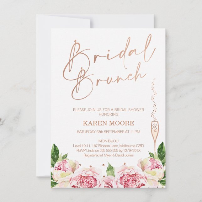 Rose Gold Peonies Bridal Brunch Shower Invitation (Devant)