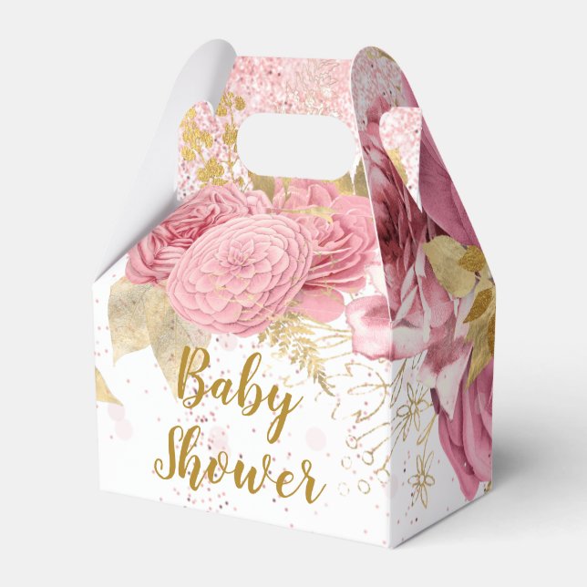 Rose Gold Peonies Glitter Girl Baby Shower Favor Box (Front Side)