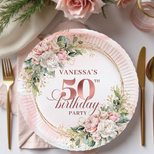 Rose Gold Peony Greenery 50th Birthday Paper Plate